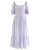 Flowy Puff Sleeves Buttoned Frilling Dress in Lilac