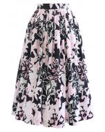 Summer Floral Print Pleated Midi Skirt in Black