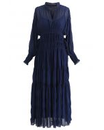 Full Shirring Side Drawstring Chiffon Dress in Navy