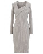 Surplice Wrap Front Ribbed Knit Dress in Linen