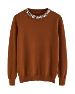 Pearl Trimmed Soft Knit Top in Caramel