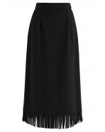 High Waist Fringe Hem Pencil Skirt in Black