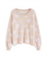 Fuzzy Contrast Heart Knit Sweater in Nude Pink