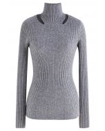 Cutout High Neck Rib Knit Top in Grey