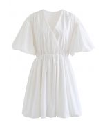 V-Neck Bubble Sleeves Cotton Dress in White