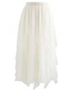 Scattered Bead Decor Pleated Tulle Skirt in Cream