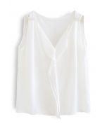 Pearl Decorated Ruffle Neck Sleeveless Top in White