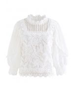 Crochet Blossom Puff Sleeve Top in White