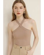 Crisscross Halter Neck Cropped Top in Camel