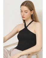 Crisscross Halter Neck Cropped Top in Black