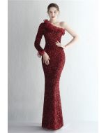 One-Shoulder Organza Trim Sequined Gown in Burgundy