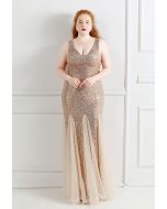 Mesh Panelled Sequined Mermaid Gown in Gold