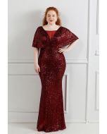 Cape Sleeve Mesh Inserted Sequined Gown in Burgundy