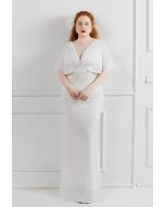 Cape Sleeve Mesh Inserted Sequined Gown in White