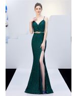 Split Side Sequined Wrap Cami Gown in Emerald