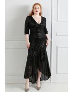 Elbow Sleeve Ruffle Sequined Gown in Black