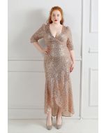 Elbow Sleeve Ruffle Sequined Gown in Champagne