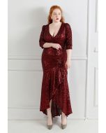 Elbow Sleeve Ruffle Sequined Gown in Burgundy