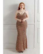 Mesh Inserted Sequined Mermaid Cami Gown in Brown