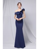 Ruffle One-Shoulder Mermaid Satin Gown in Navy