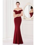 Off-Shoulder Mesh Inserted Satin Gown in Burgundy