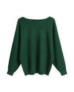 Cozy Boat Neck Batwing Sleeve Sweater in Dark Green