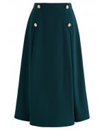 Buttoned Pleated A-Line Skirt in Dark Green