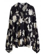 Ink Floral Lantern Sleeve Satin Shirt in Black