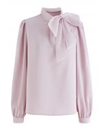 Organza Bowknot Pearl Satin Shirt in Pink