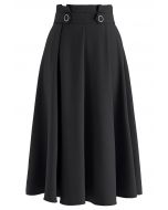Pleated Buttoned Waist A-Line Midi Skirt in Black