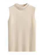 Pearl Embellished Mock Neck Sleeveless Knit Top in Sand