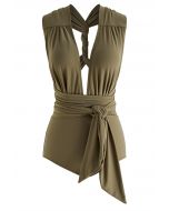 Lace-Up Deep V-Neck One-Piece Swimsuit in Army Green