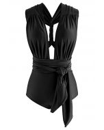 Lace-Up Deep V-Neck One-Piece Swimsuit in Black