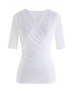 Faux Wrap Soft Mesh Elbow Sleeve Top in White