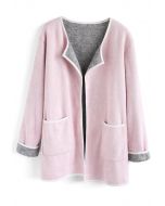 Comfy Contrast Open Front Knit Coat in Pink