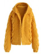 All-Over Warmth Hooded Chunky Cardigan in Mustard