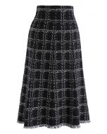 Check Tassel Hem Knit Midi Skirt in Black